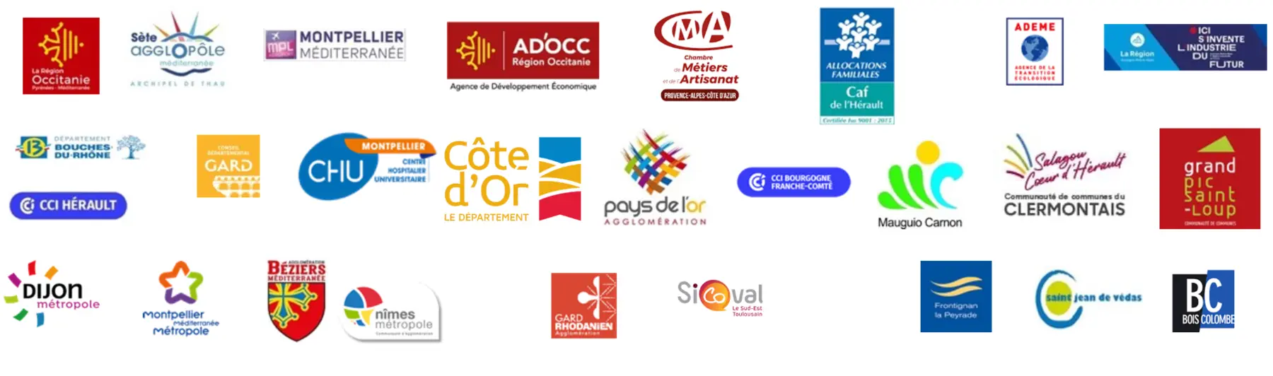 Logos de collectivités et d’organismes publics accompagnés par AMELIORE